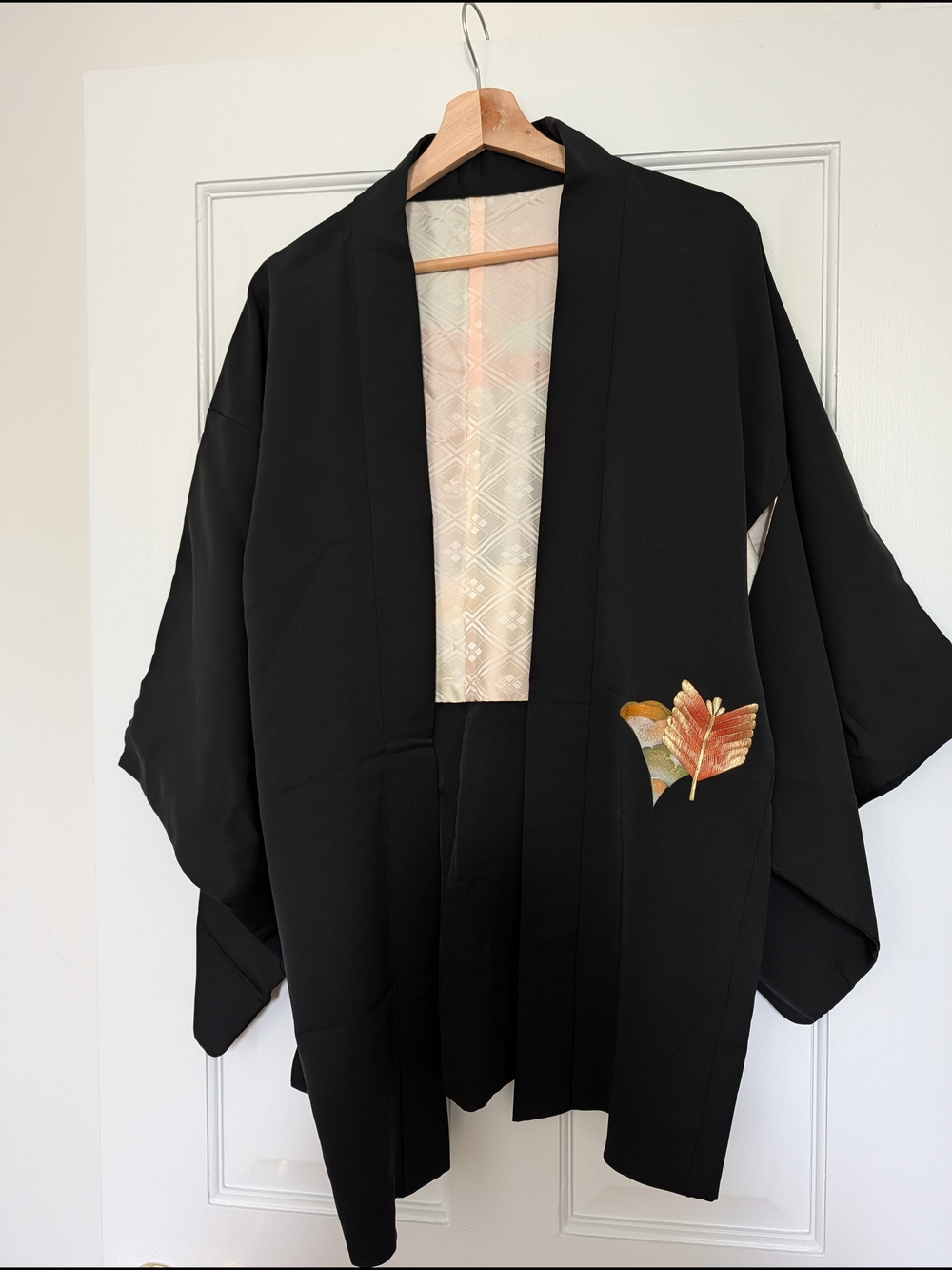 Black Haori Silk Kimono Jacket with Gold & Rust Leaf Accent